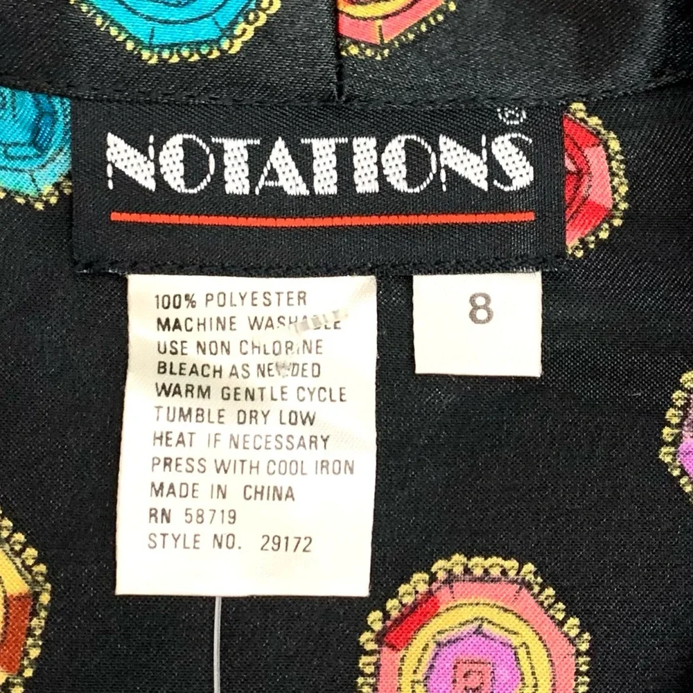NWT Vintage “Notations” multi color gems on black print long sleeve blouse- 8 - Picture 2 of 12
